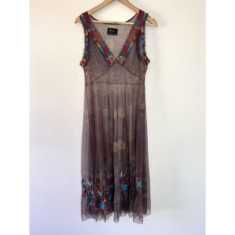 BIYA Johnny Was V Neck Embroidered Nylon Mesh Maxi Dress No Slip 36” Bust - Picture 11 of 16